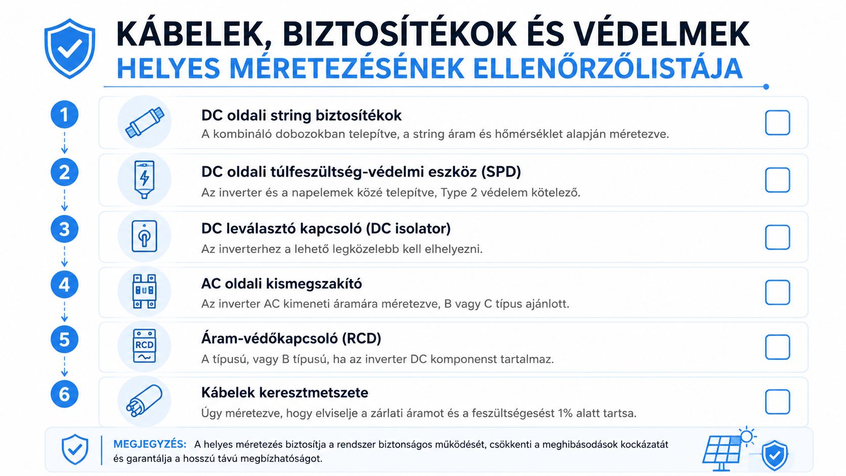 Napelem rendszer kábelezésének, biztosítékainak és védelmi eszközeinek helyes méretezését bemutató ellenőrzőlista infografika a biztonságos telepítéshez.