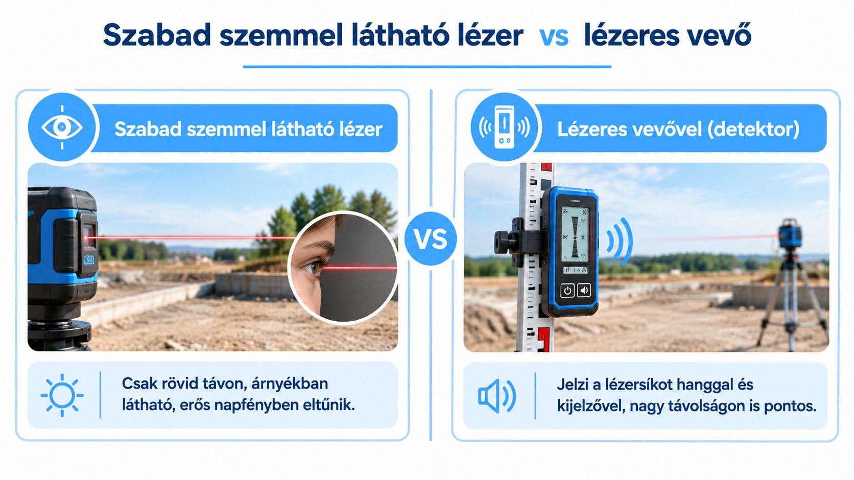 Összehasonlítás a szabad szemmel látható lézer és a lézeres vevővel történő pontos szintezés között kültéri munkavégzés esetén.
