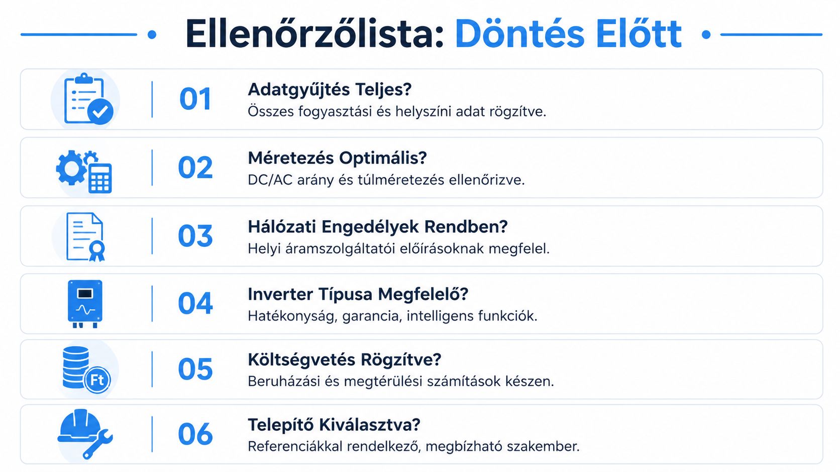 Napelemes rendszer telepítése előtti ellenőrzőlista hat fontos szemponttal a tervezéshez és a döntéshozatalhoz.