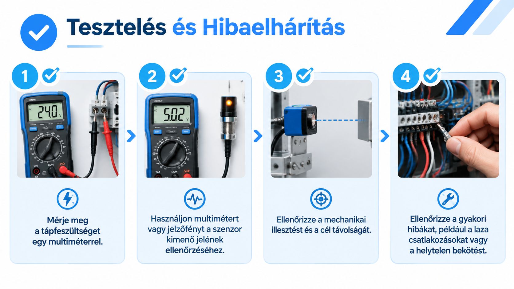 Sematikus ábra, amely bemutatja az induktív érzékelő bekötésének és hibaelhárításának négy alapvető lépését multiméter és szemrevételezés használatával.