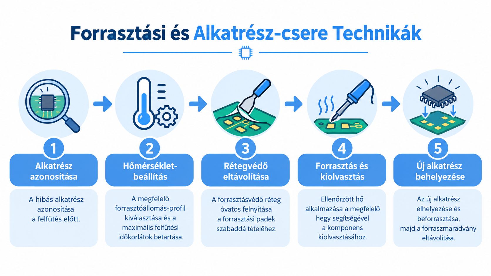 Ötlépéses útmutató grafika az elektronikus alkatrészek szakszerű forrasztásáról és cseréjéről nyomtatott áramköri lapokon.