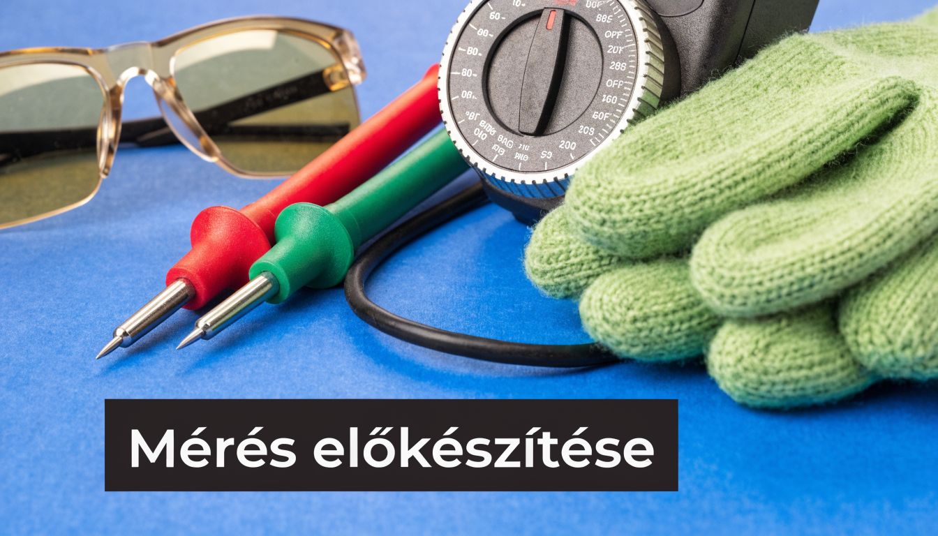 Szemüveg, mérőműszer és védőkesztyű egy kék asztalon, a mérés előkészítését bemutató felirattal a képen.