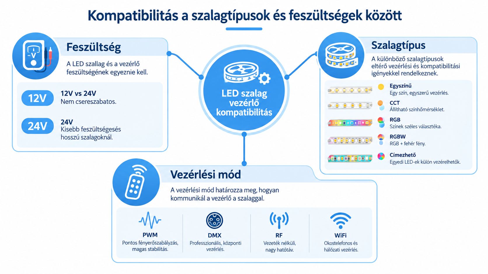 Infografika az LED szalagok, vezérlők, feszültségek és vezérlési módok kompatibilitásáról a különböző típusú rendszerek esetén.