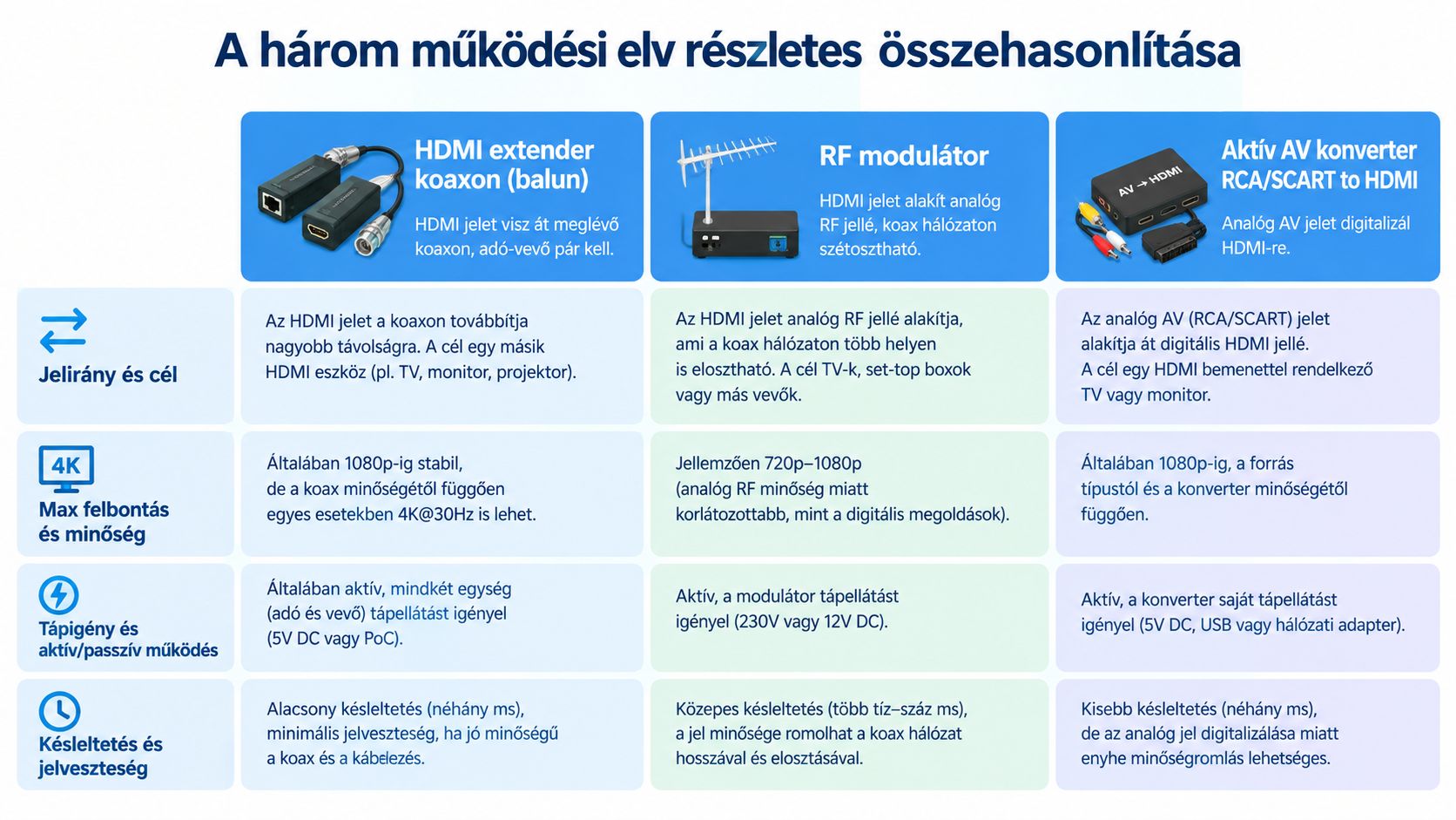 A három különböző típusú koax és HDMI átalakító eszköz működési elveinek, felbontásának és jellemzőinek összehasonlító táblázata.