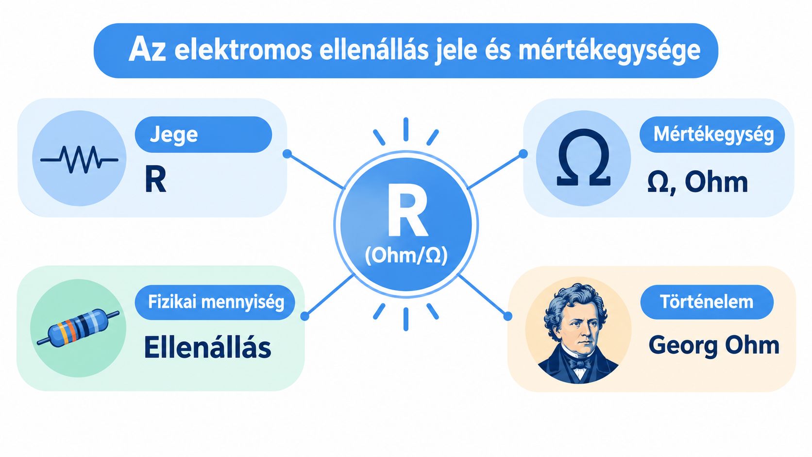 Az elektromos ellenállás fizikai mennyiségének jelölése, mértékegysége, valamint a hozzá kapcsolódó történeti háttér és szimbólumok bemutatása.