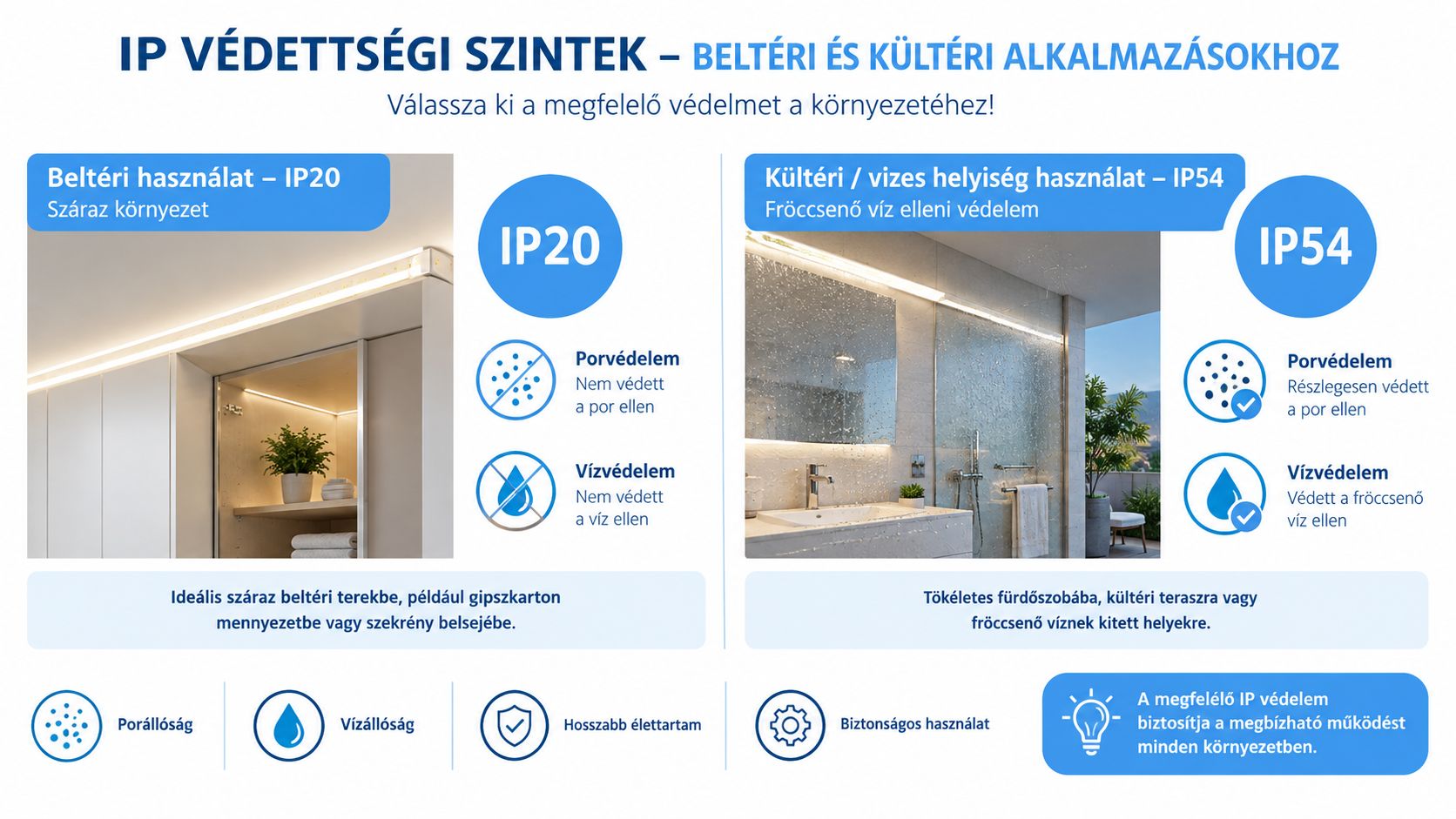 Összehasonlító táblázat, amely az IP20 és IP54 védettségi szinteket mutatja be beltéri és kültéri LED szalag világításokhoz.