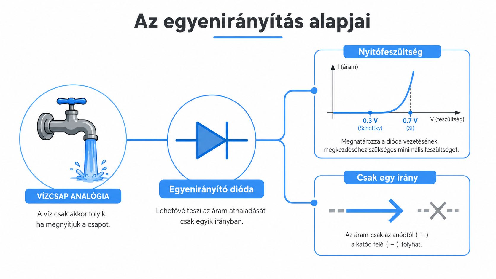 A diódás egyenirányítás alapjait bemutató infografika, amely a vícsap analógiáját, a nyitófeszültséget és az egyirányú áramvezetést szemlélteti.