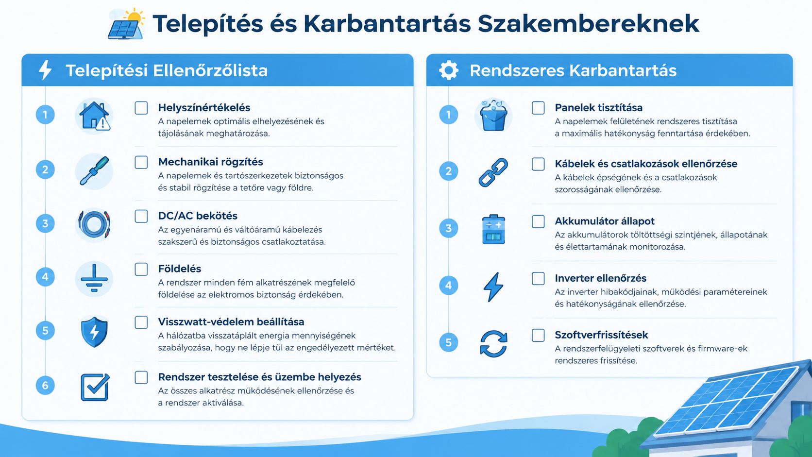Napelem rendszer telepítési és karbantartási útmutató szakemberek számára, lépésről lépésre bemutatott biztonsági és ellenőrzési feladatokkal.