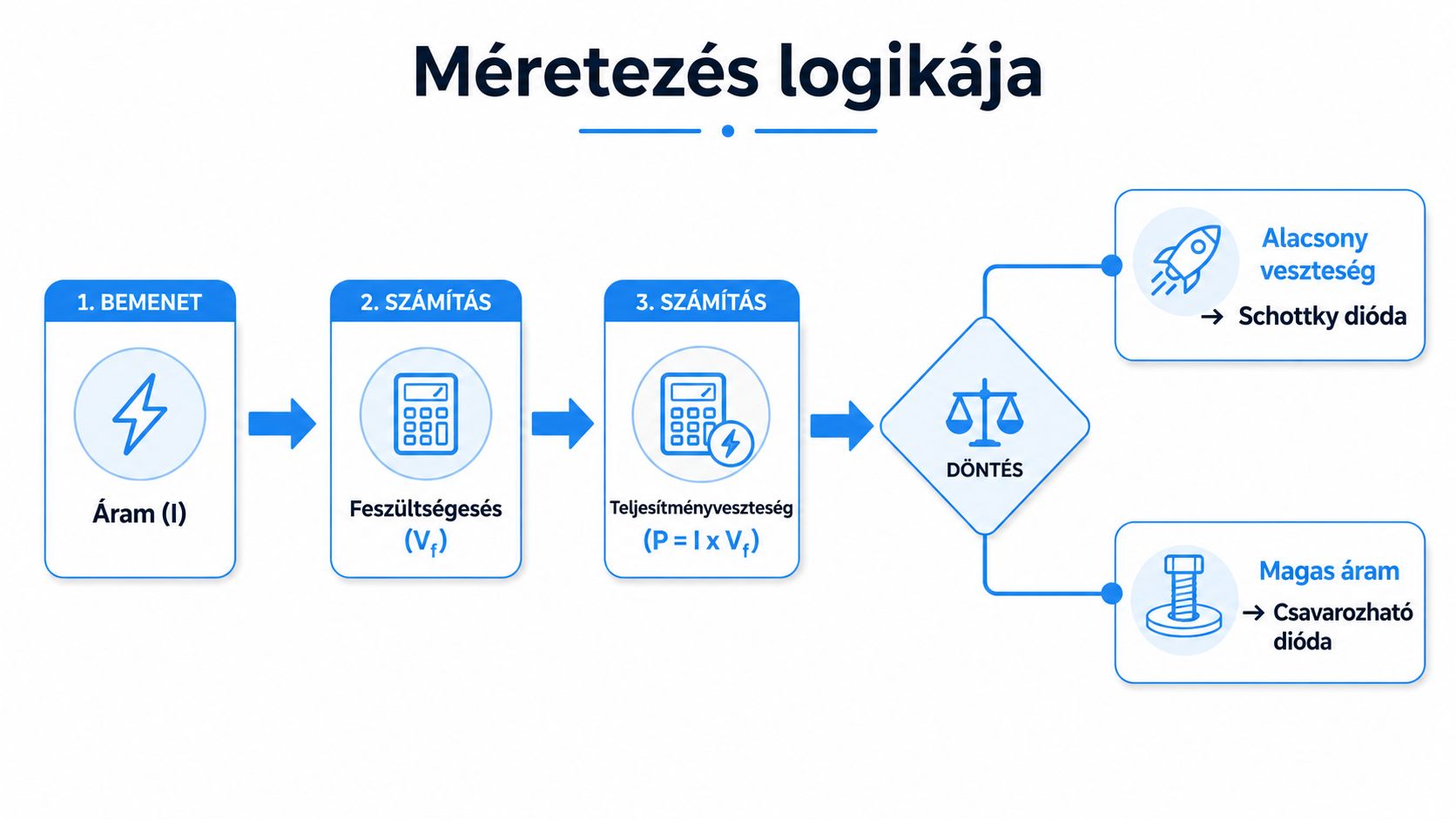 A diagram bemutatja az egyenirányító diódák méretezésének logikai lépéseit az áram, feszültségesés és teljesítményveszteség alapján.
