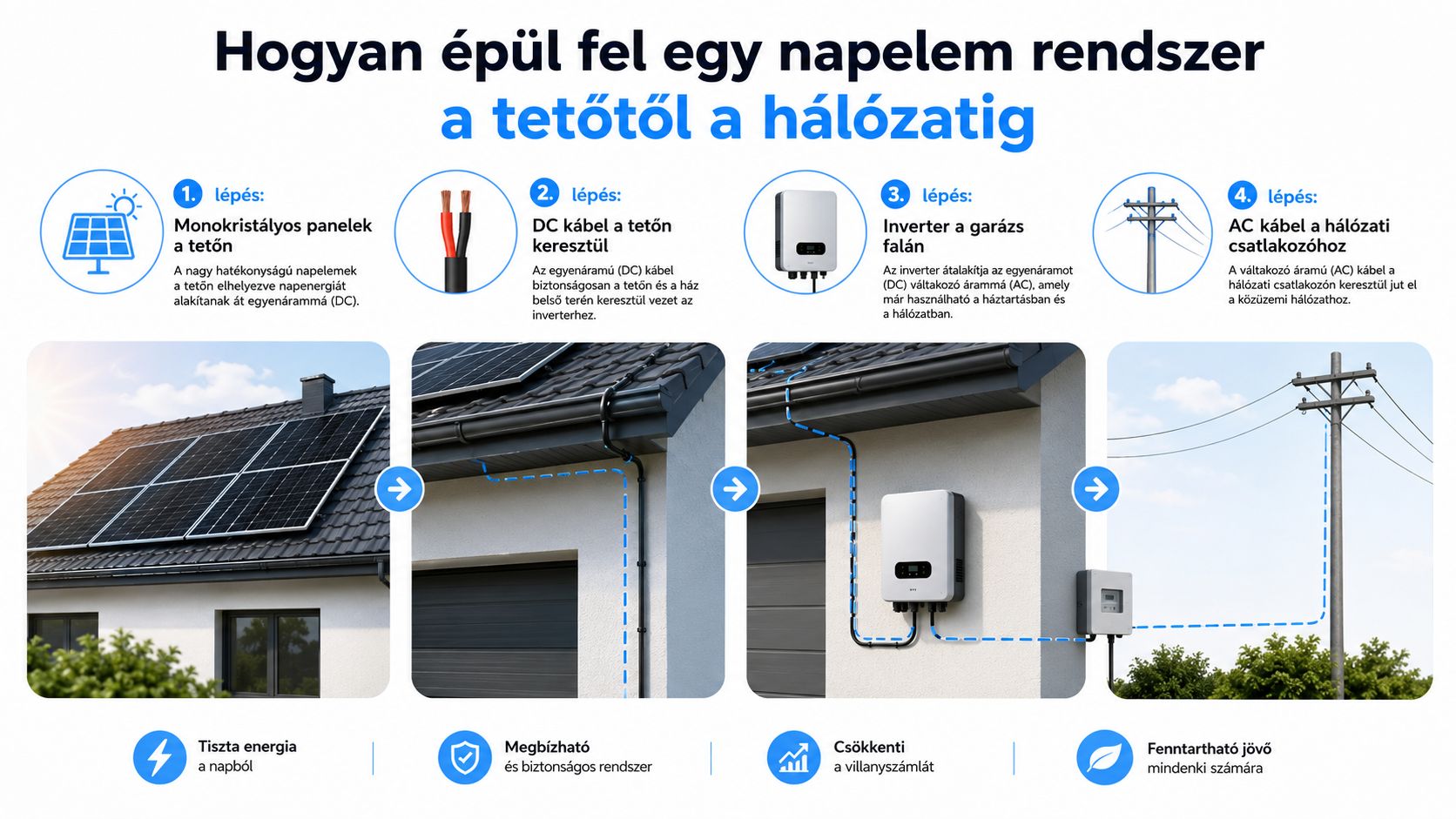 Sematikus ábra, amely bemutatja a napelemes rendszer felépítését a tetőn lévő panelektől a közüzemi elektromos hálózatig.