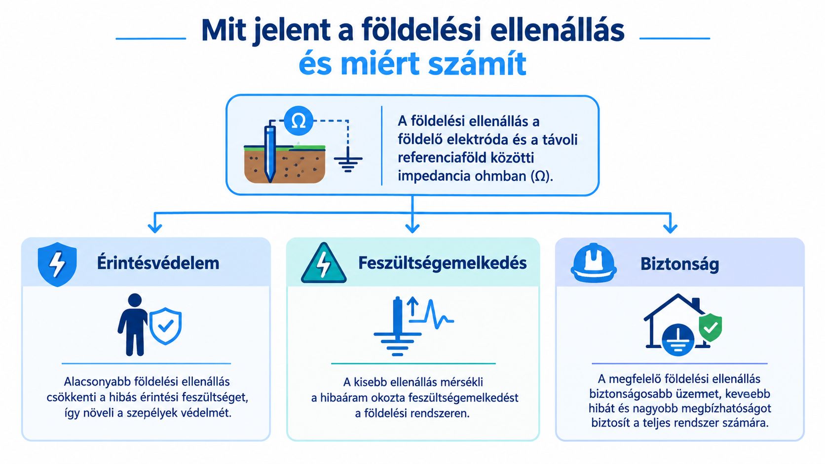 Infografika, amely bemutatja a földelési ellenállás fogalmát, valamint fontosságát az érintésvédelem, feszültségnövekedés és biztonság szempontjából.