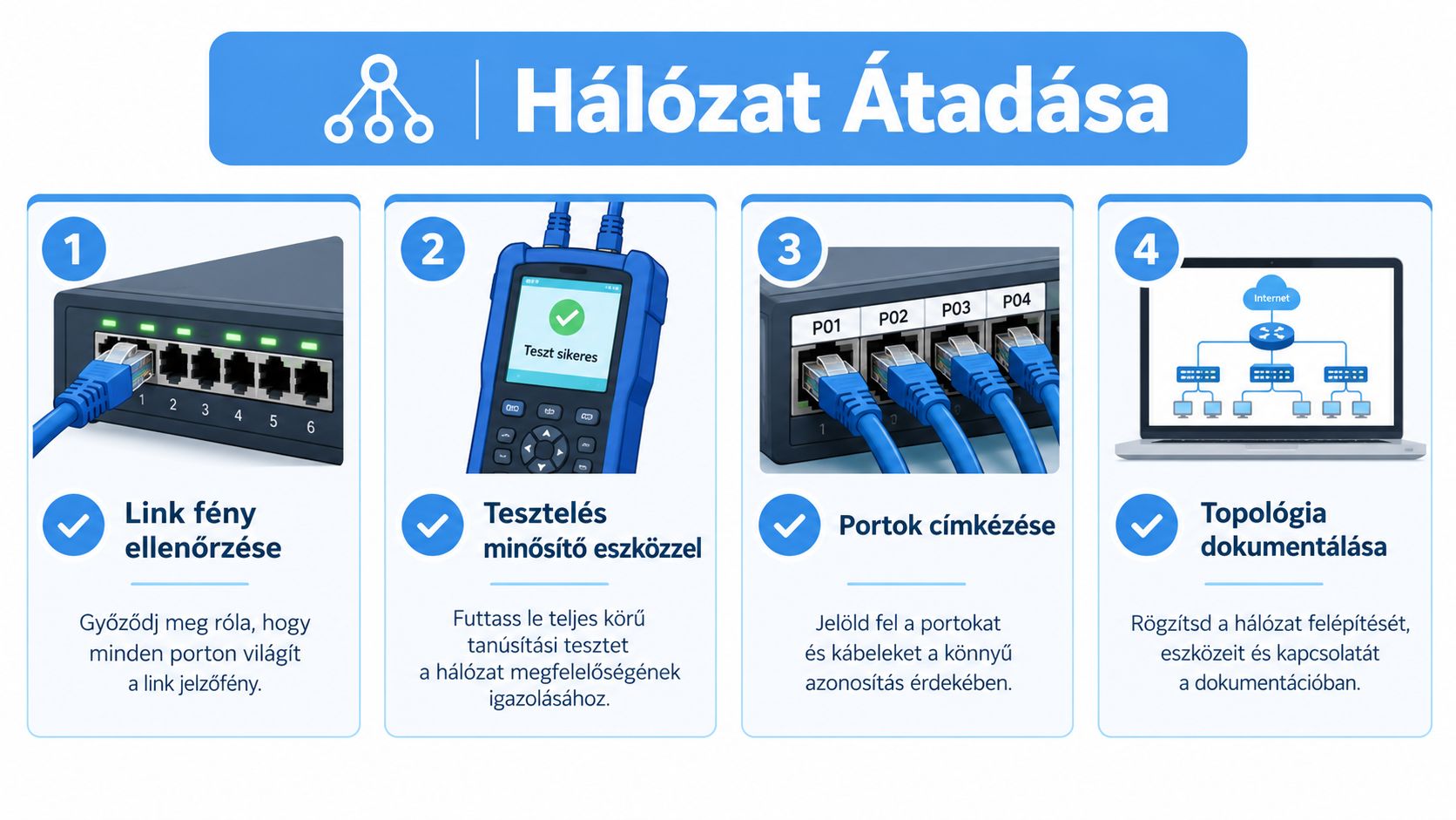Egy hálózat átadásának folyamatát bemutató négy lépéses útmutató: link ellenőrzés, tesztelés, portok címkézése és a dokumentáció elkészítése.