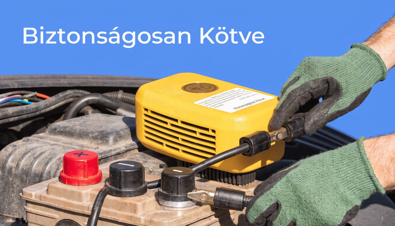 Szerelő kesztyűs kézzel csatlakoztat egy sárga színű autó invertert a gépjármű akkumulátorának saruihoz a biztonságos töltés érdekében.