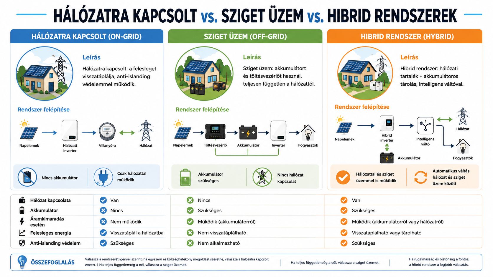 Összehasonlító ábra a hálózatra kapcsolt, sziget üzemű és hibrid napelemes rendszerek főbb jellemzőiről és működéséről.