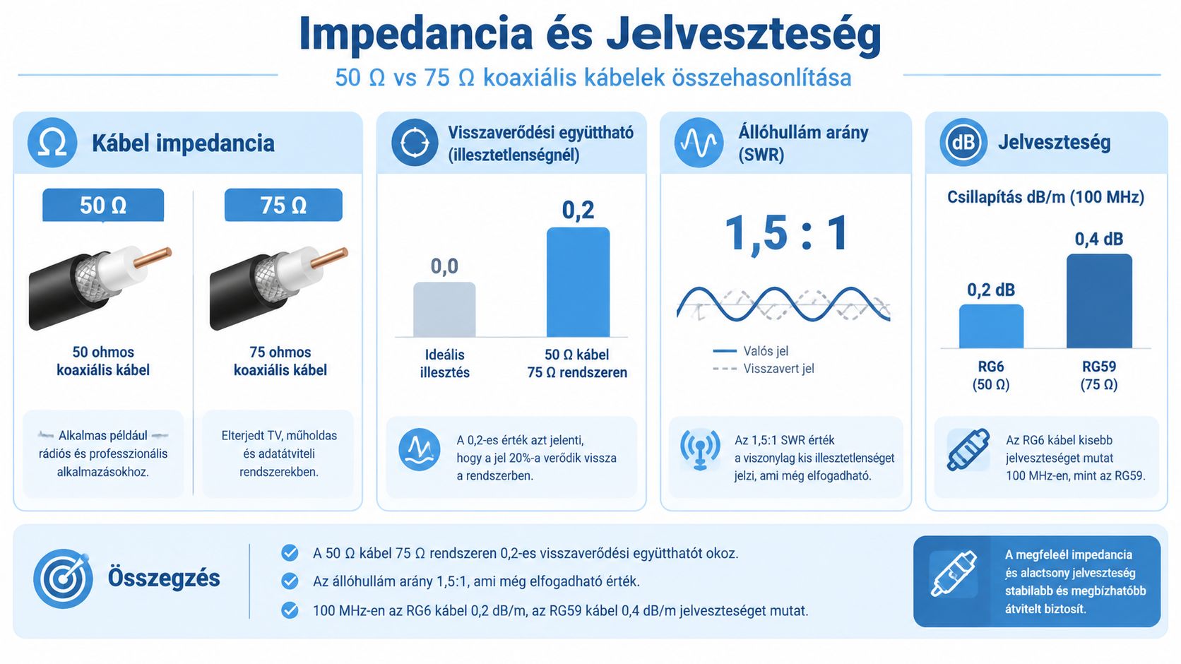 Összehasonlító grafikon az 50 és 75 ohmos koaxiális kábelek impedanciájáról, jelveszteségéről és SWR értékeiről.
