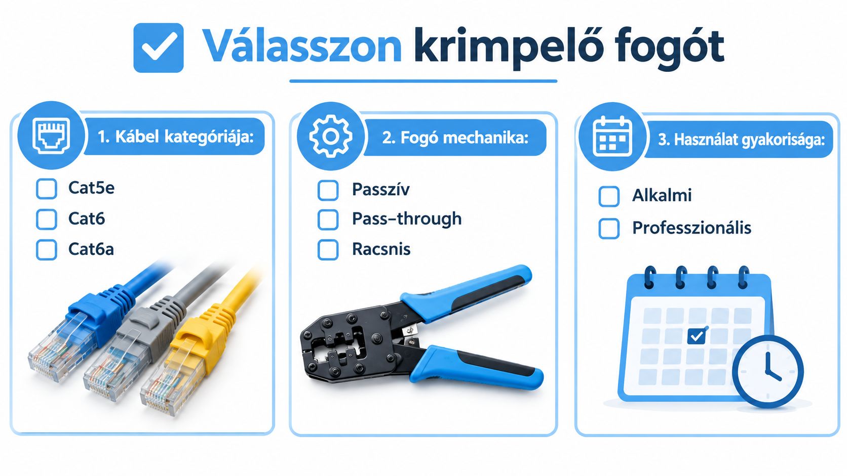 A kép egy útmutatót mutat be az UTP kábel krimpelő fogó helyes kiválasztásához három fő szempont alapján.