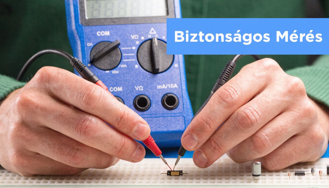 Valaki egy digitális multiméterrel méri egy apró elektronikai alkatrész ellenállását egy próbapanelen, biztonságos munkavégzés közben.