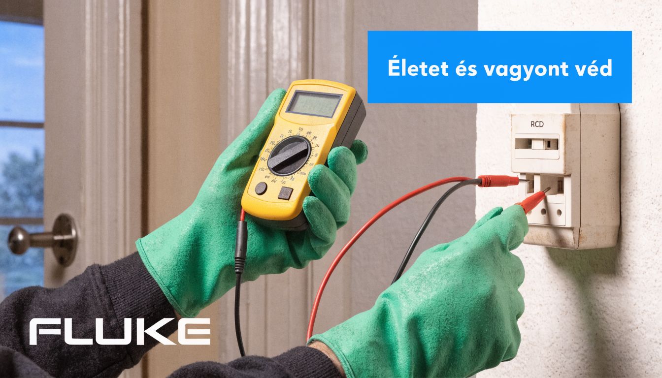 Szakember zöld védőkesztyűben egy Fluke multimétert használ az elektromos aljzat és az RCD tesztelésére otthon.