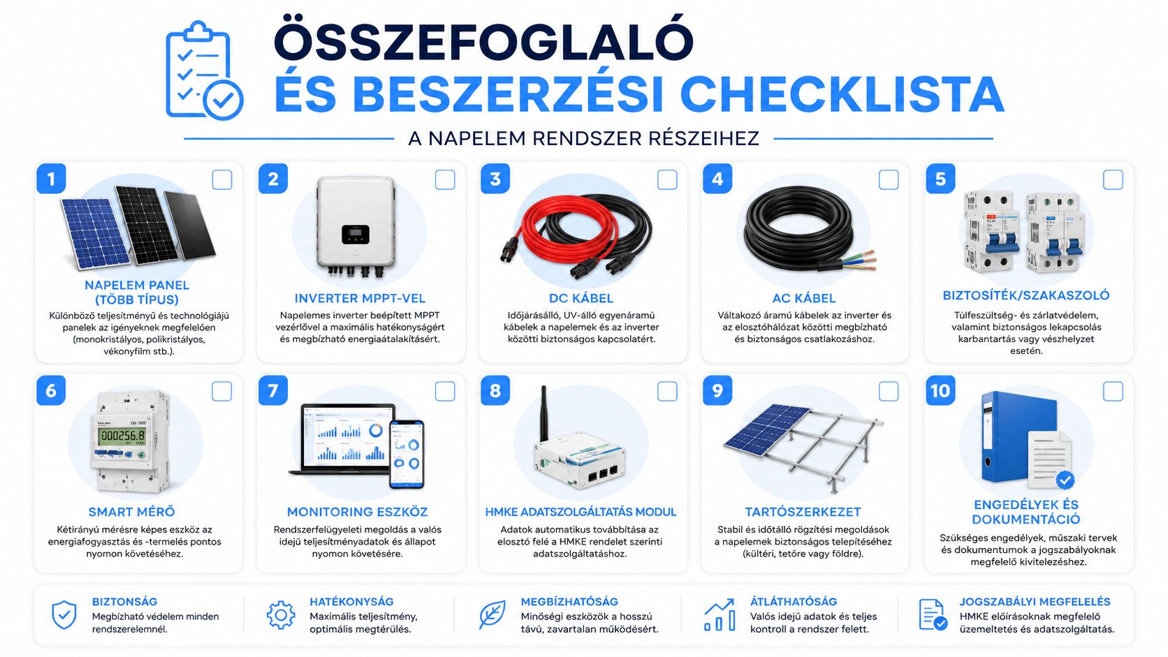 Összefoglaló és beszerzési lista a napelem rendszer részeihez, tíz lépésben illusztrálva az alapvető felszerelésekkel és dokumentációval.
