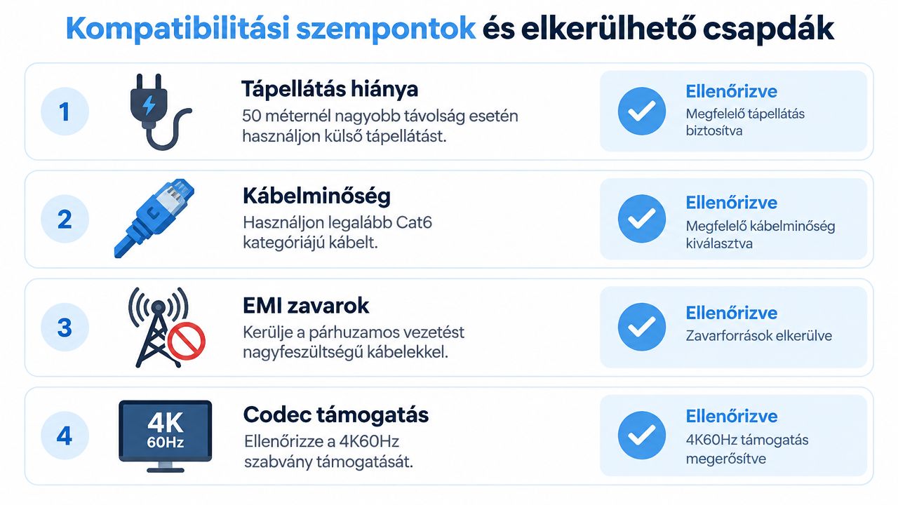 A HDMI UTP átalakító telepítéséhez szükséges technikai ellenőrzési lista, amely a tápellátást, kábelminőséget, zavarforrásokat és videóformátumokat részletezi.