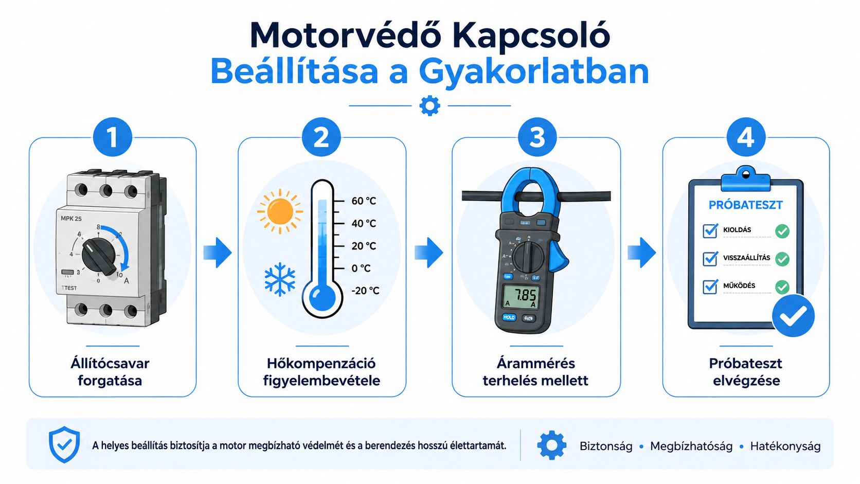 Négy lépéses útmutató a motorvédő kapcsoló beállításához, az állítócsavar elforgatásától a próbaüzem elvégzéséig szemléltetve.