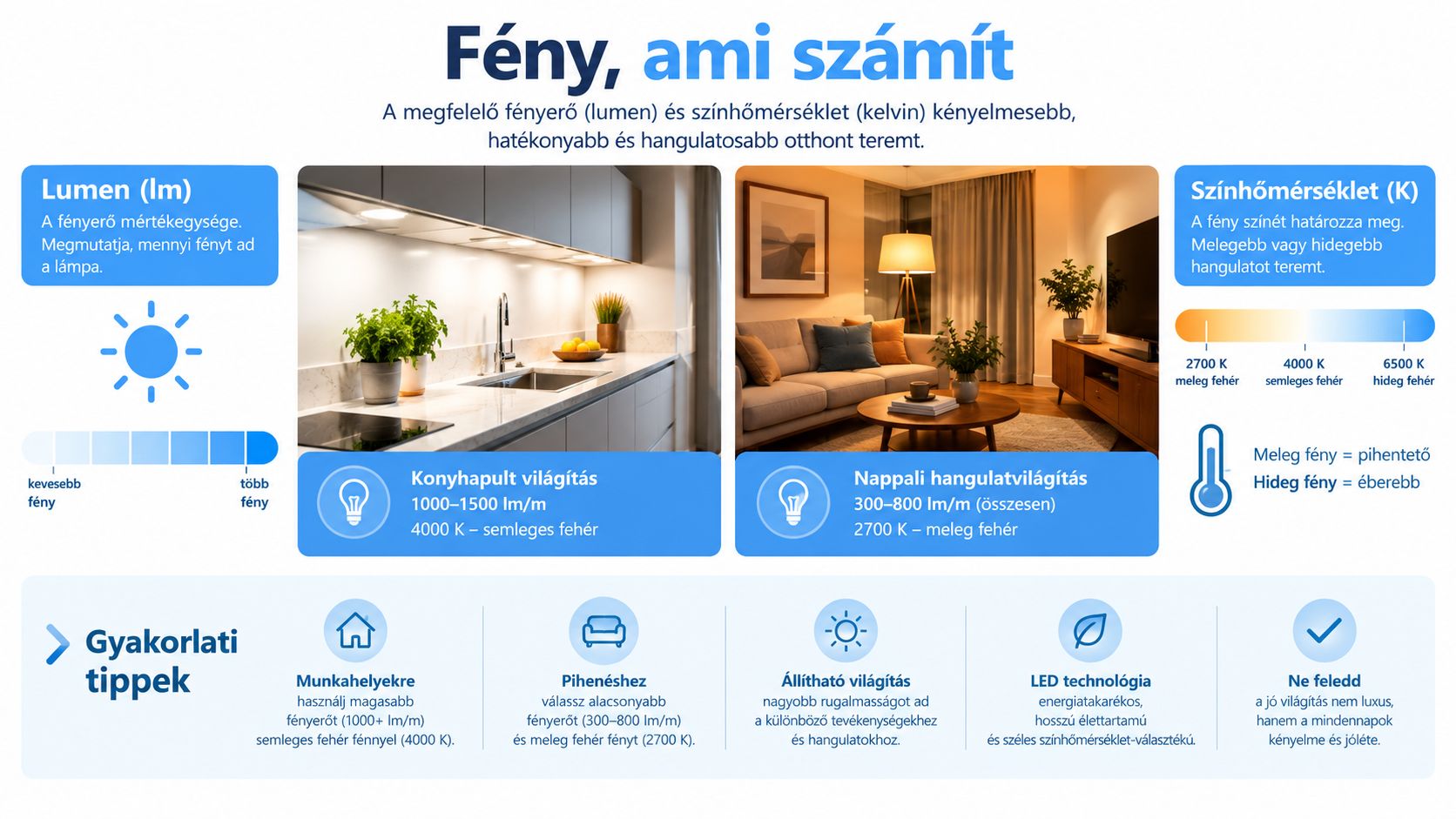 Infografika a lumenről és színhőmérsékletről, amely útmutatást ad az otthoni világítás kiválasztásához különböző helyiségekben.