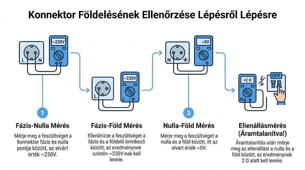 Lépésről lépésre útmutató egy konnektor földelésének ellenőrzéséhez multiméterrel, fázis, nulla és föld érintkezők mérésével biztonságosan.