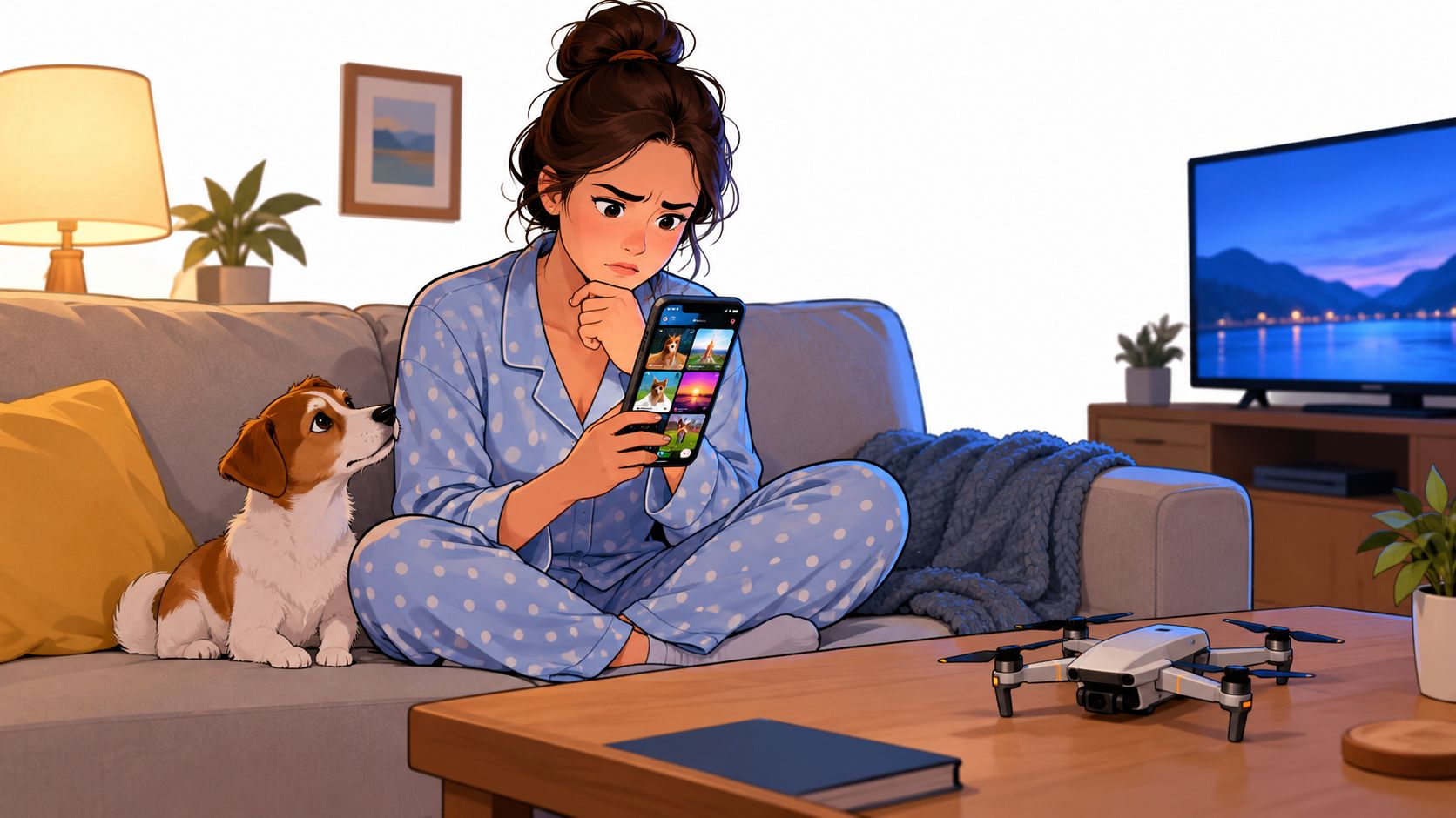 A young woman in blue pajamas sitting on a sofa looking at her phone with her pet dog.