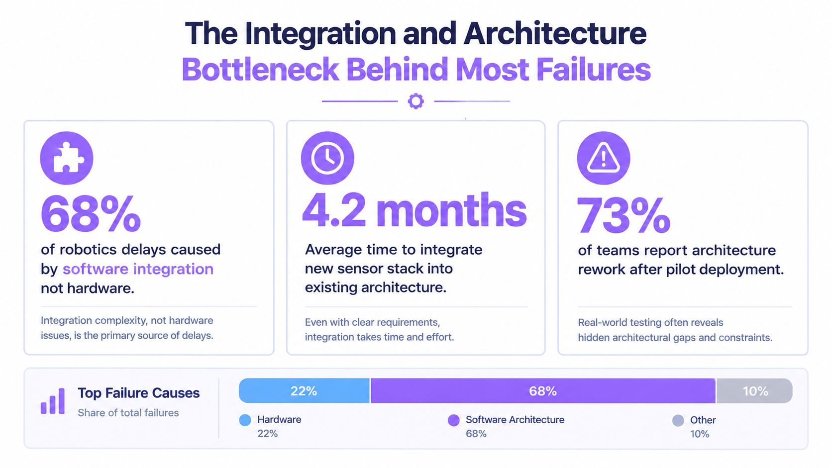 An infographic showing that 68% of robotics project failures are caused by software integration issues rather than hardware.