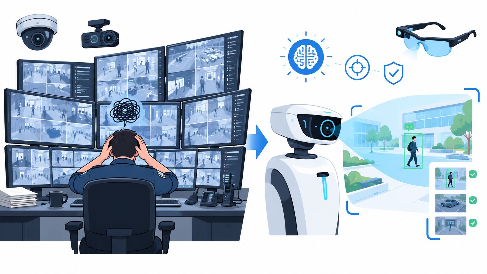A frustrated security guard watching multiple surveillance screens replaced by an automated artificial intelligence video analysis system.