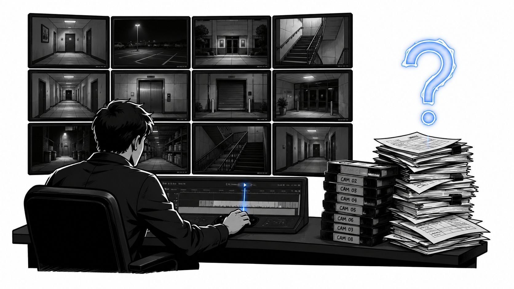 A security guard working in a dark control room, monitoring multiple surveillance camera screens and video tapes.