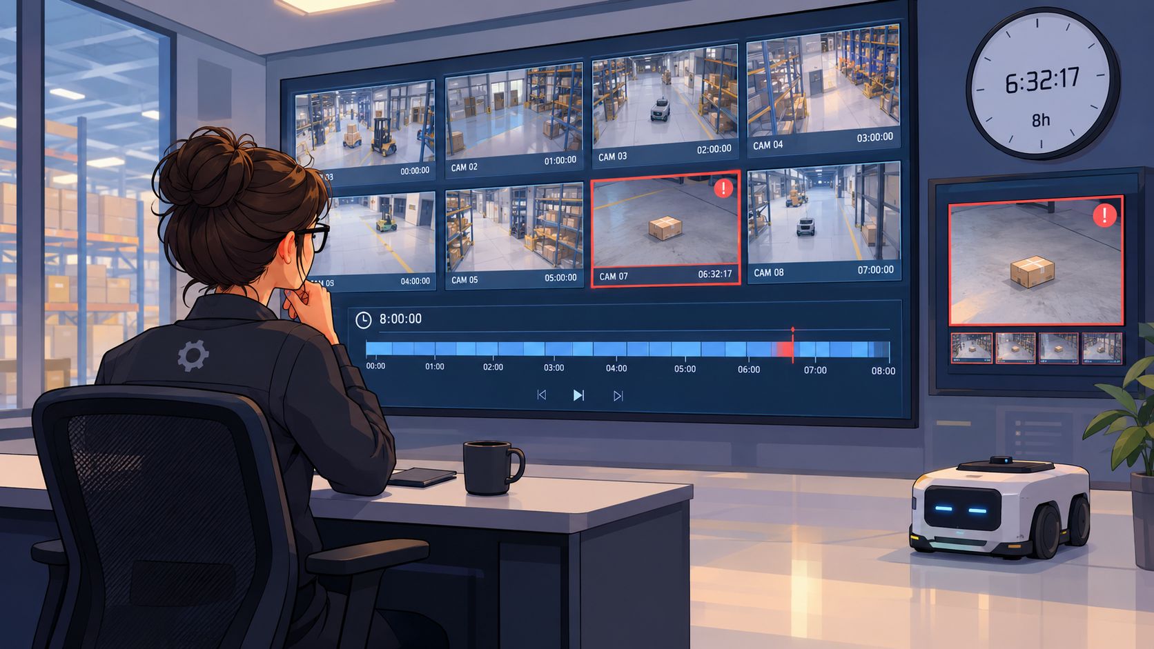 A woman in a security control room monitoring warehouse surveillance screens featuring autonomous delivery robots and packages.