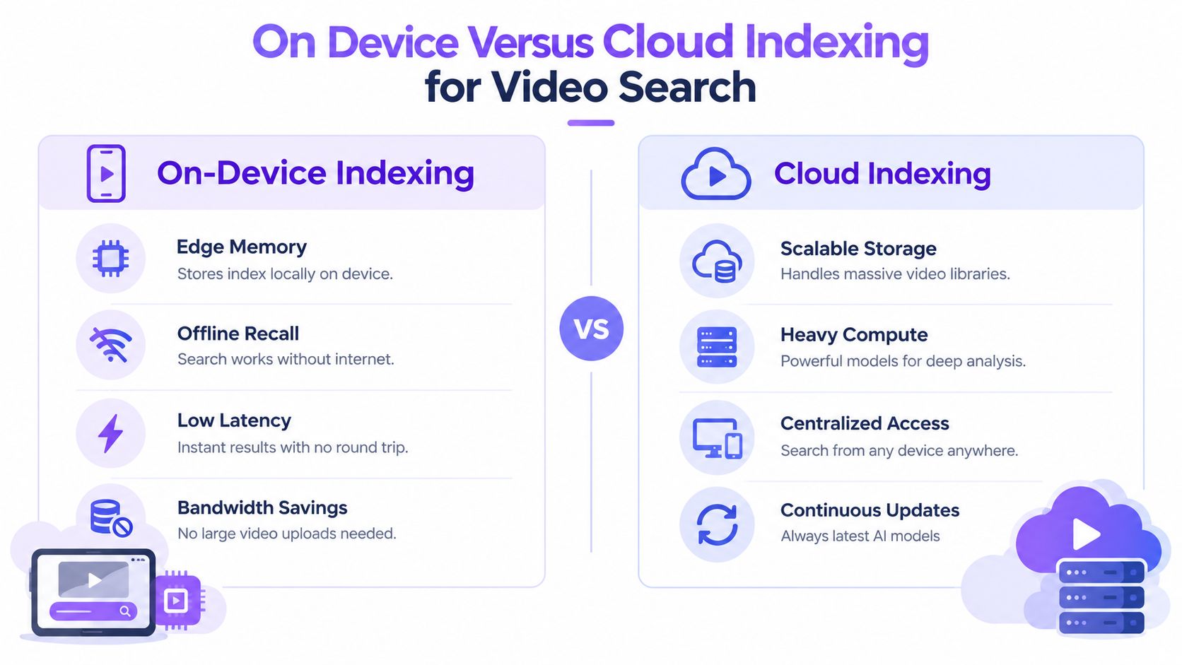 A comparison infographic between on-device and cloud indexing methods for video search and data processing.