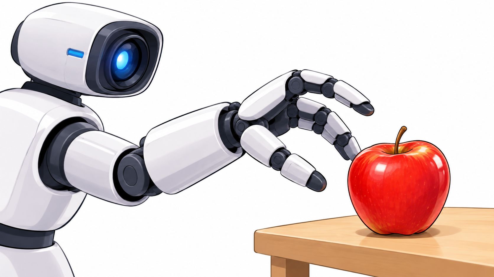 A sleek white robot arm reaching out to touch a vibrant red apple on a wooden table.