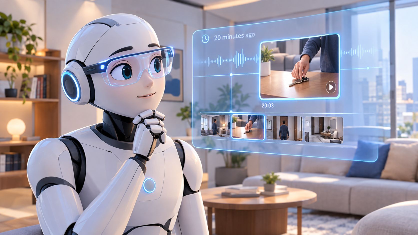 A friendly humanoid robot wearing glasses analyzes digital audio and video search footage on a holographic screen.