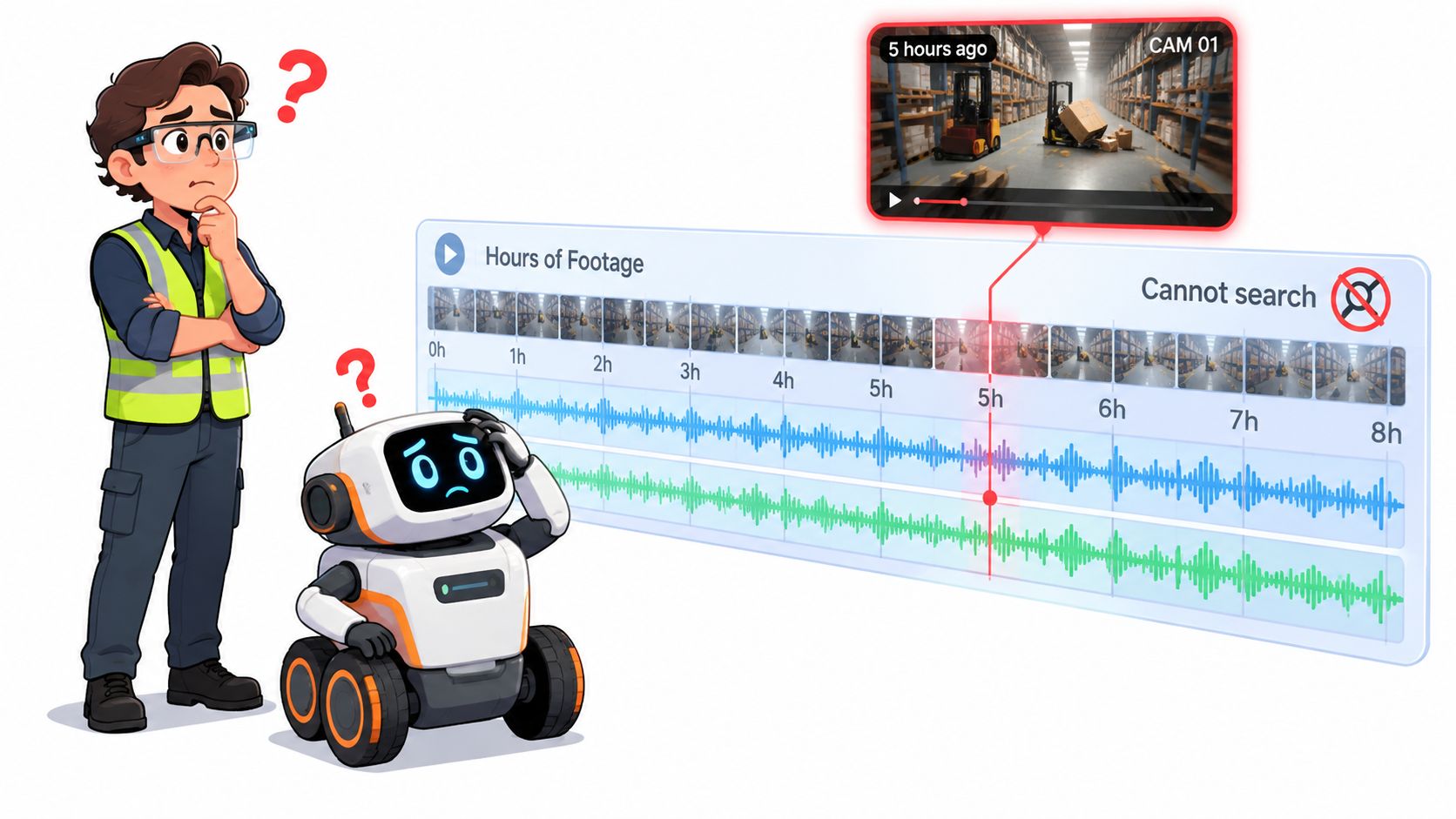 A warehouse worker and a confused robot looking at a video monitoring interface with search limitations.