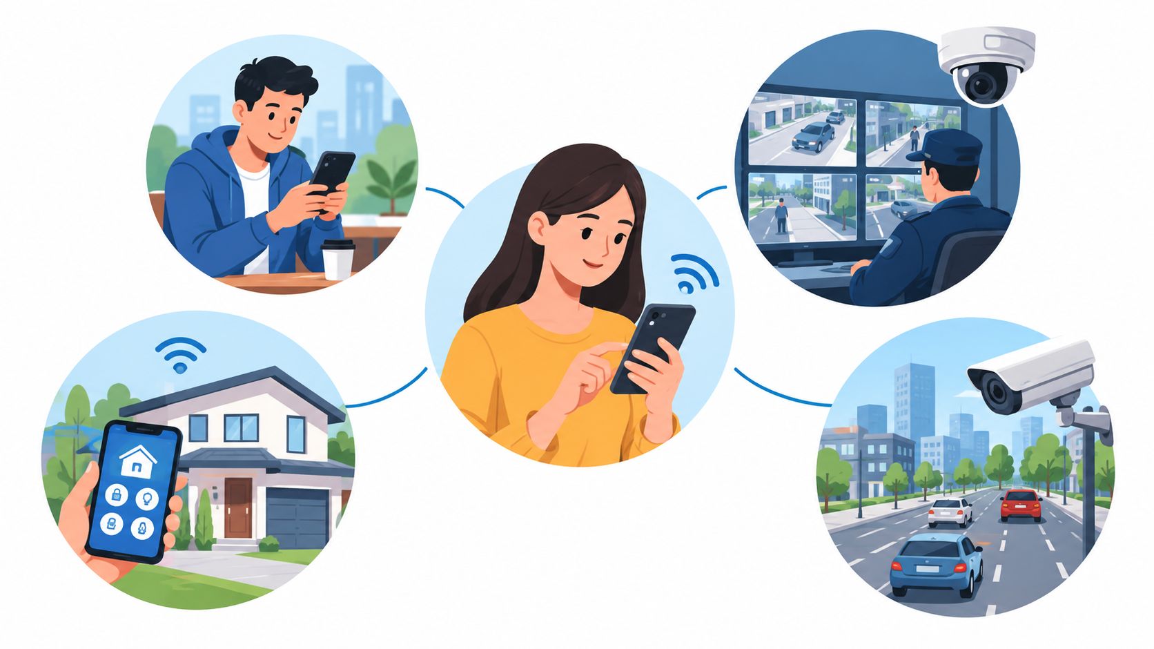 A central user connected via smartphone to smart home security, city surveillance, and remote mobile device management.