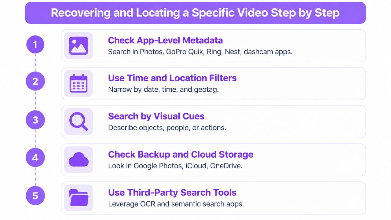 A five-step infographic showing how to recover and locate specific videos on digital devices and platforms.