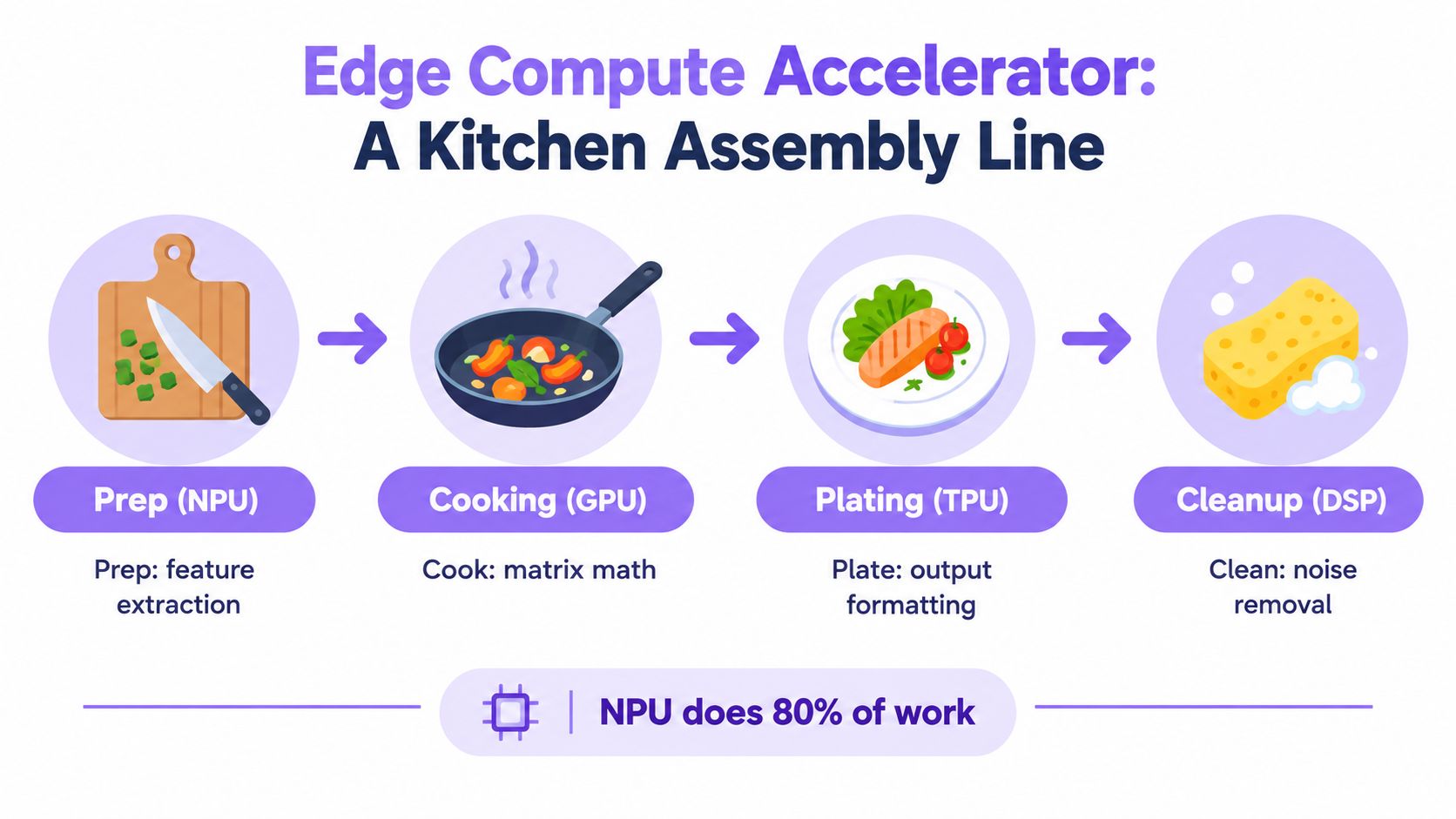 An infographic titled Edge Compute Accelerator depicting a kitchen assembly line analogy for different processor types.