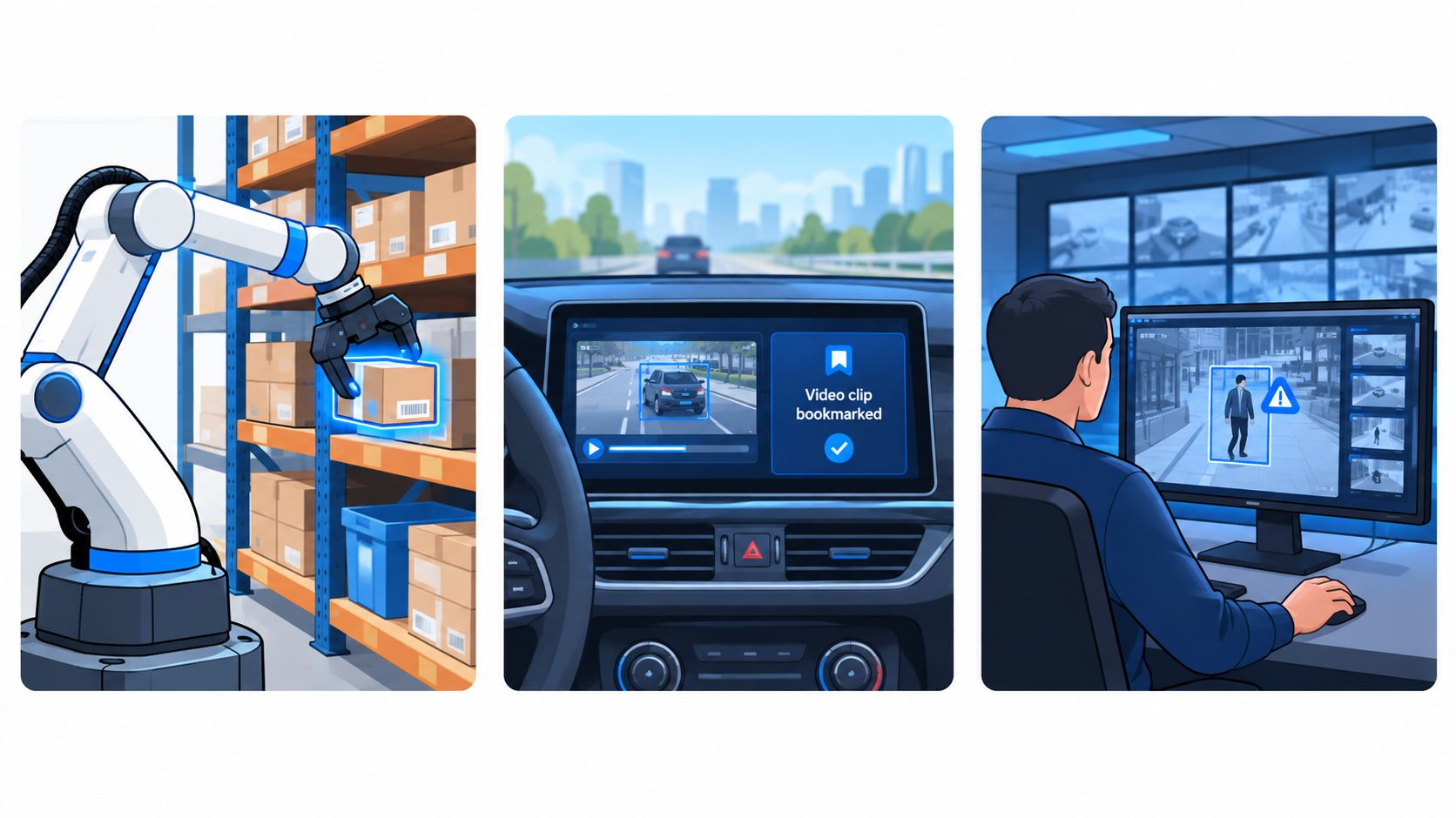 Three illustrations depicting NVIDIA Isaac ROS technology: robotic warehouse automation, car dashboard video tracking, and security surveillance monitoring.
