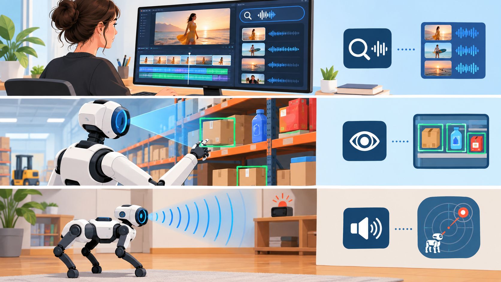 An illustration showing advanced multimodal AI technology applied to video editing, warehouse logistics, and acoustic environment sensing.