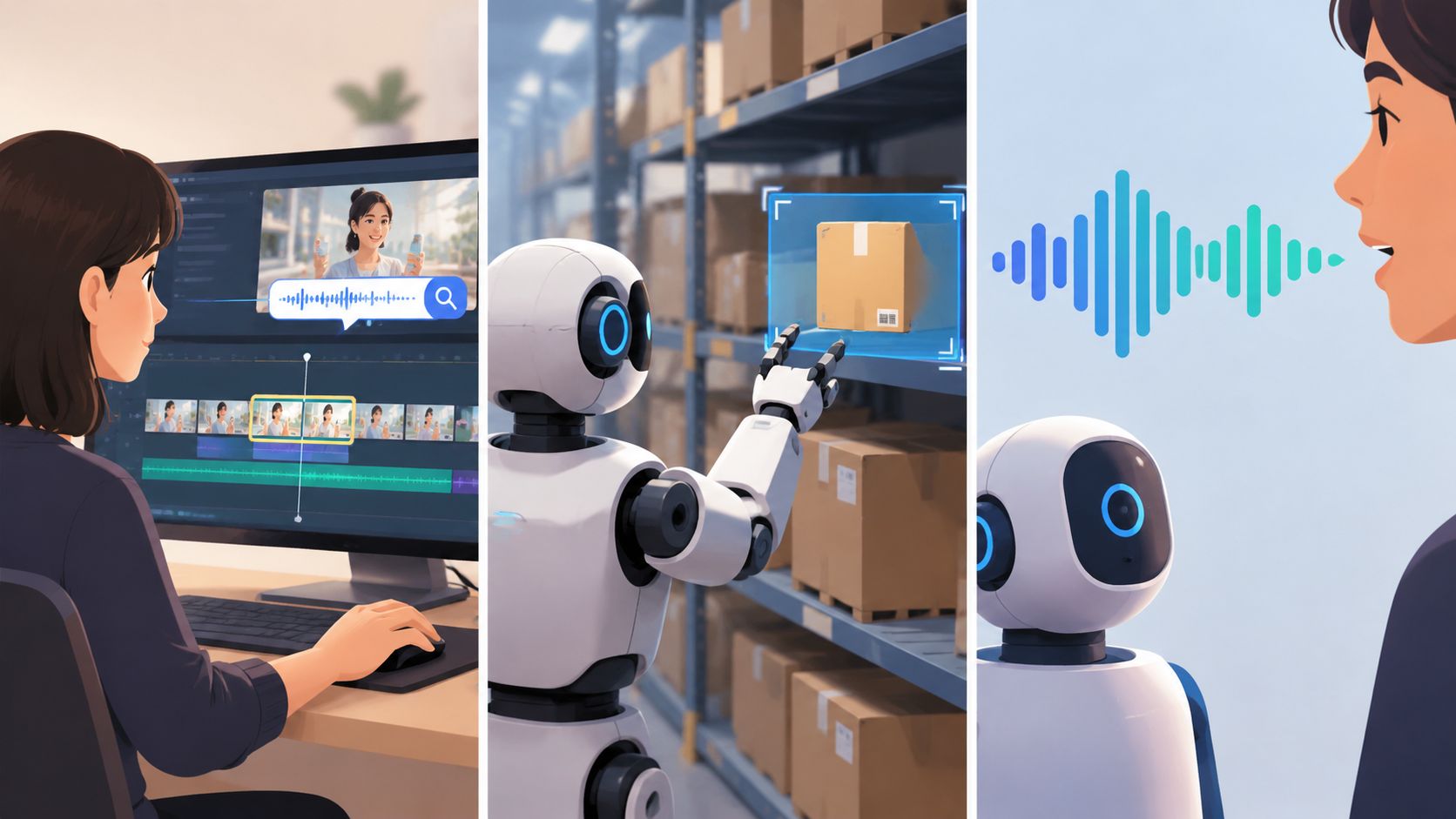 A split-screen illustration showing a video editor, an automated warehouse robot, and voice-controlled artificial intelligence interaction.