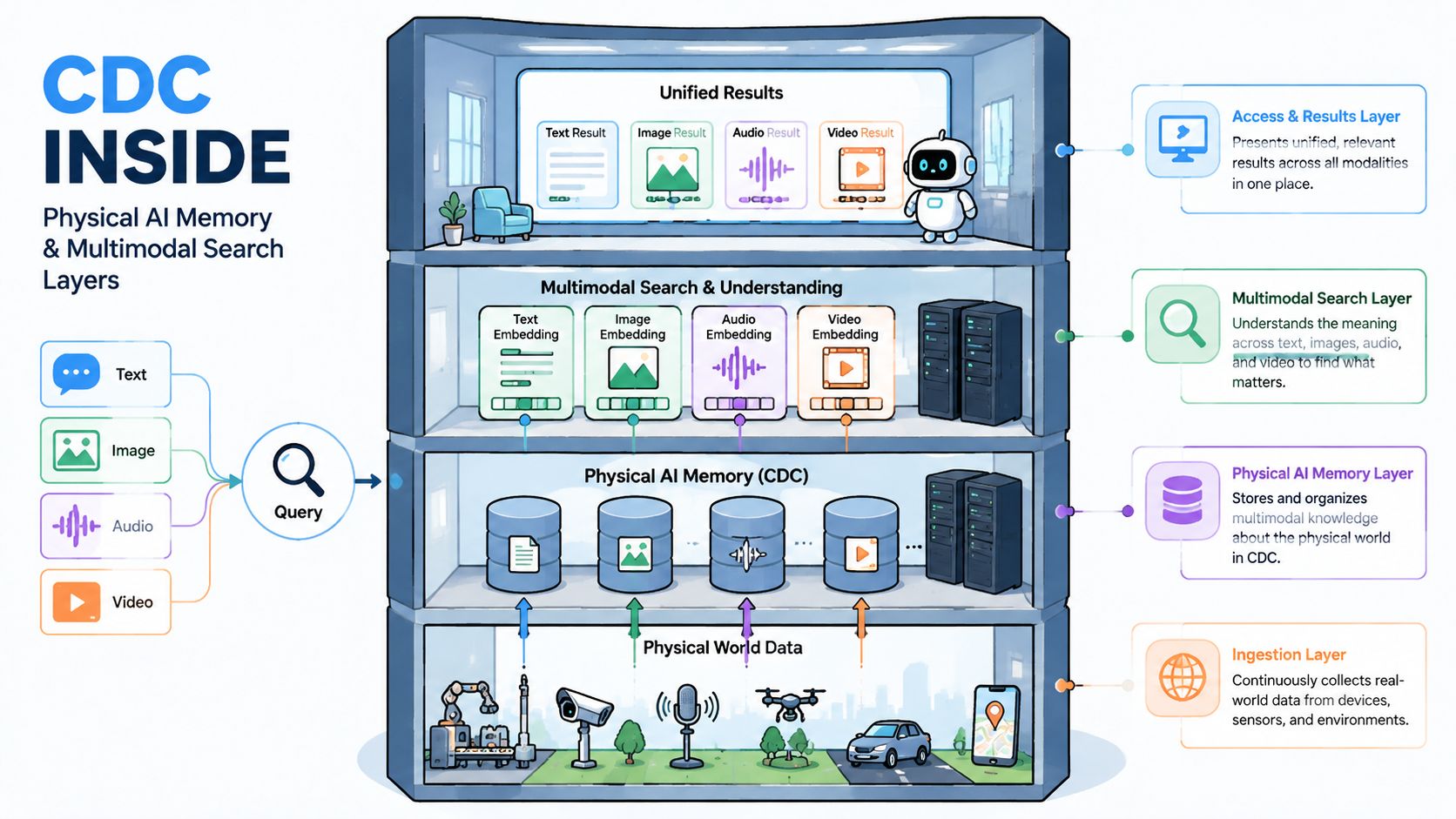 A diagram illustrating the layered architecture of physical AI memory and multimodal search using content defined chunking.