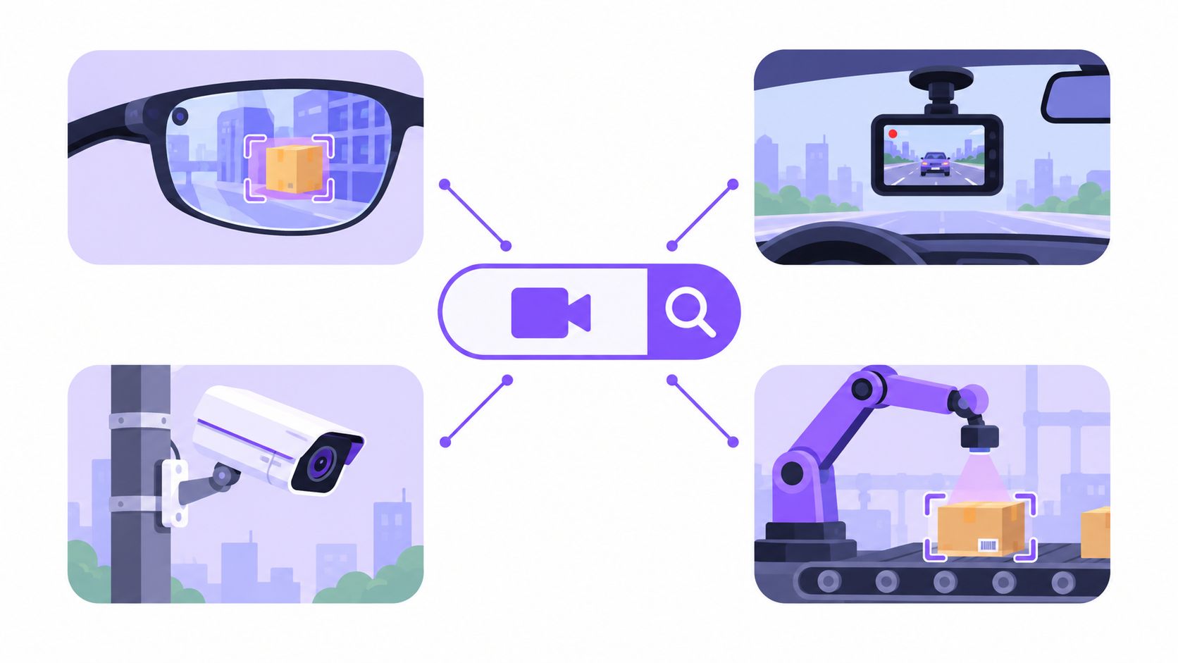 An illustration showing a central search bar connected to four diverse video monitoring and recording technologies.