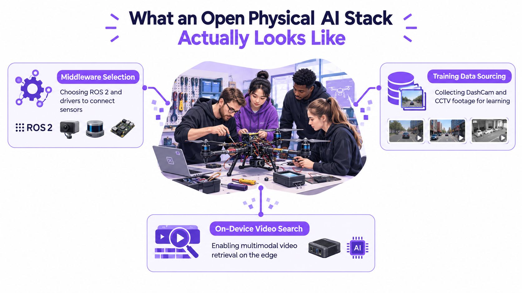 A team of engineers building a drone while learning about the open physical AI technology stack components.
