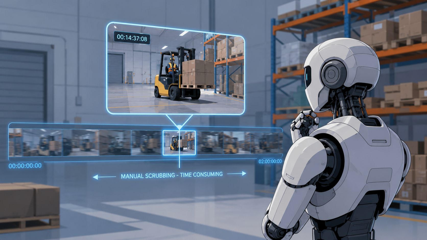 A futuristic robot observing a video interface highlighting the time-consuming process of manual video scrubbing in a warehouse.