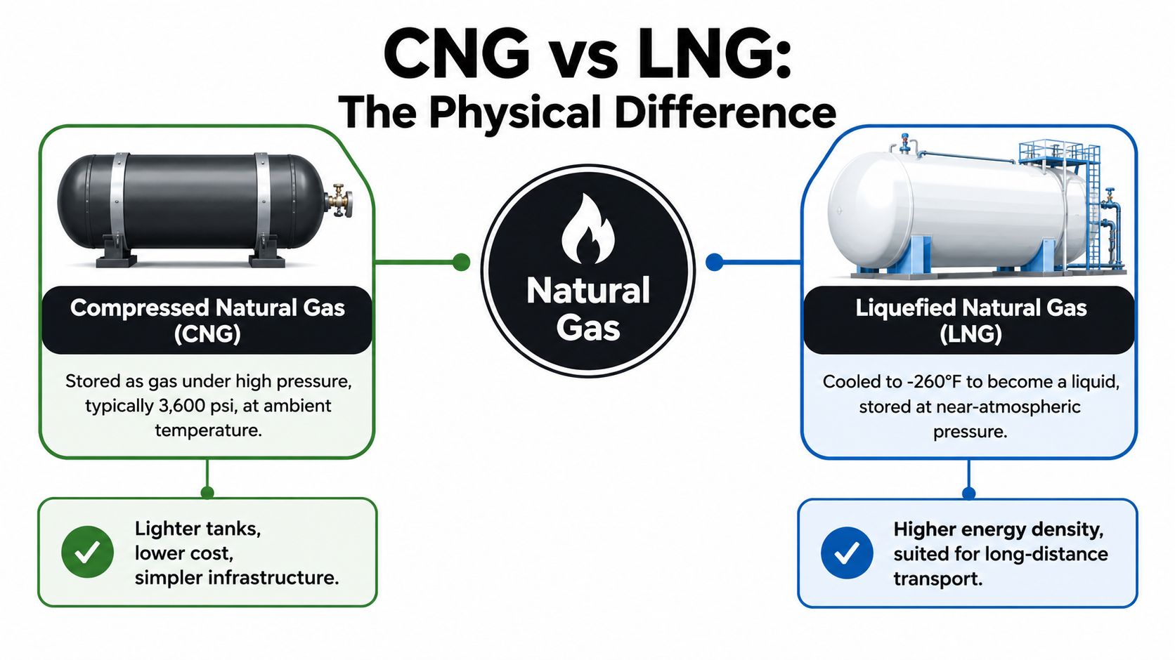 An infographic comparing compressed natural gas stored under high pressure and liquefied natural gas cooled to a liquid.