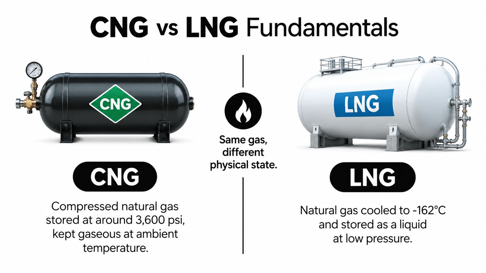 A comparison graphic showing a black compressed natural gas cylinder and a white liquefied natural gas tank.