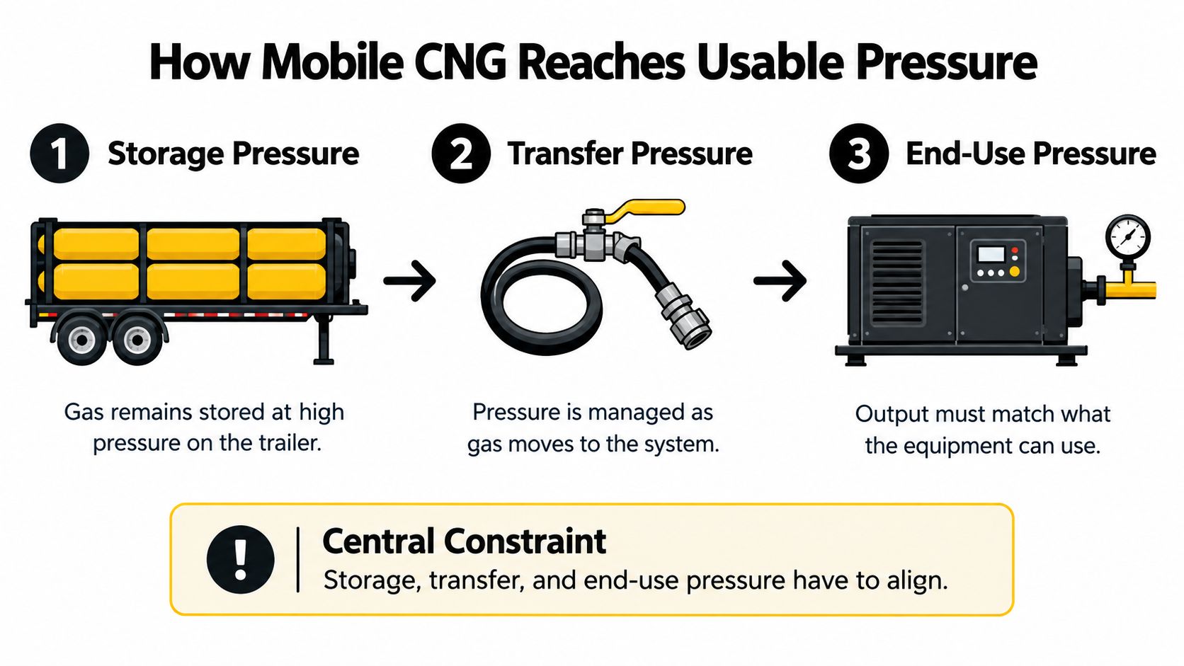 A diagram illustrating the three stages of mobile CNG delivery from high-pressure storage to end-use application.