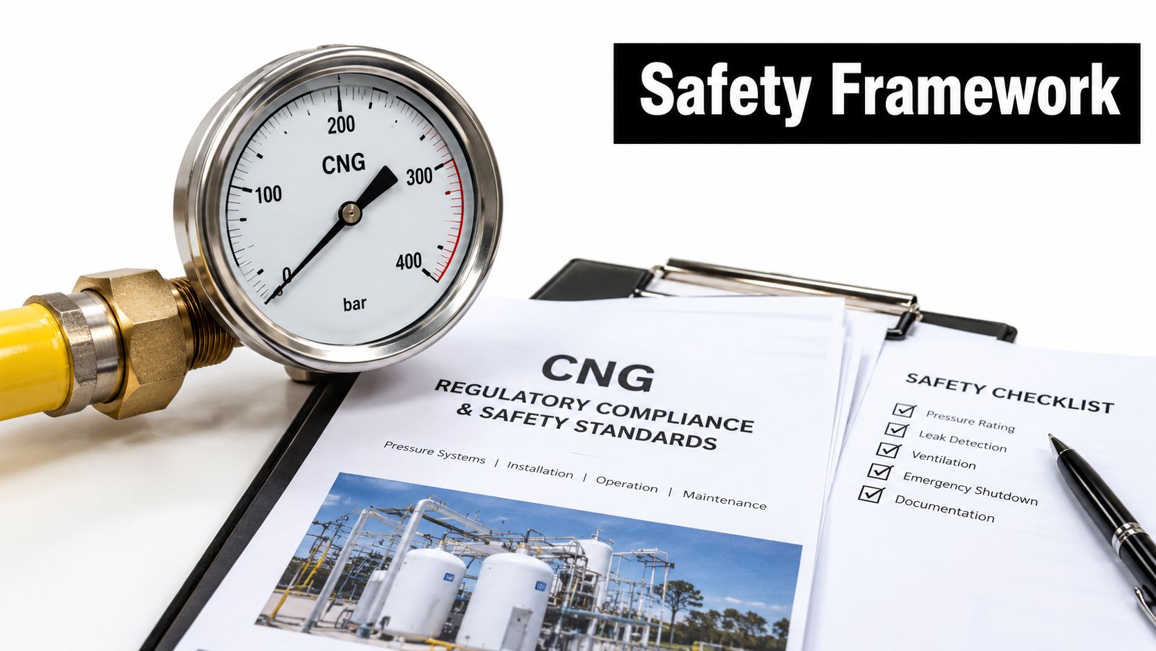 A pressure gauge and a safety checklist for compressed natural gas compliance standards on a desk.